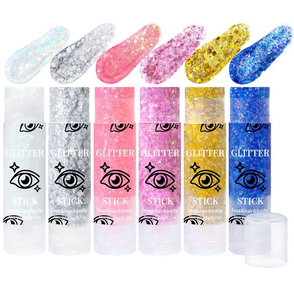 U-Shinein 6pcs Body Glitter, Mermaid Face Glitter Stick Makeup Holographic Sequins, Hair Glitters Eyeshadow Body Shimmer for Rave Accessories,Stage Christmas Festival Makeup Glitter