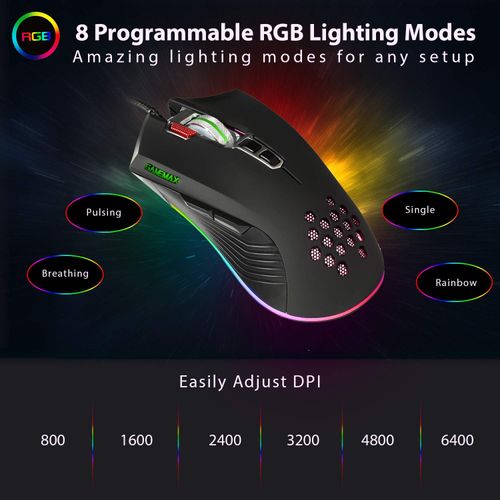 GameMax Razor RGB Gaming Mouse Wired, 8D Optical, 8 Buttons, 6400 DPI Adjustable, Customisable RGB Lighting, Ergonomically Designed, The Perfect Gaming Mouse For PC or Laptop | Black