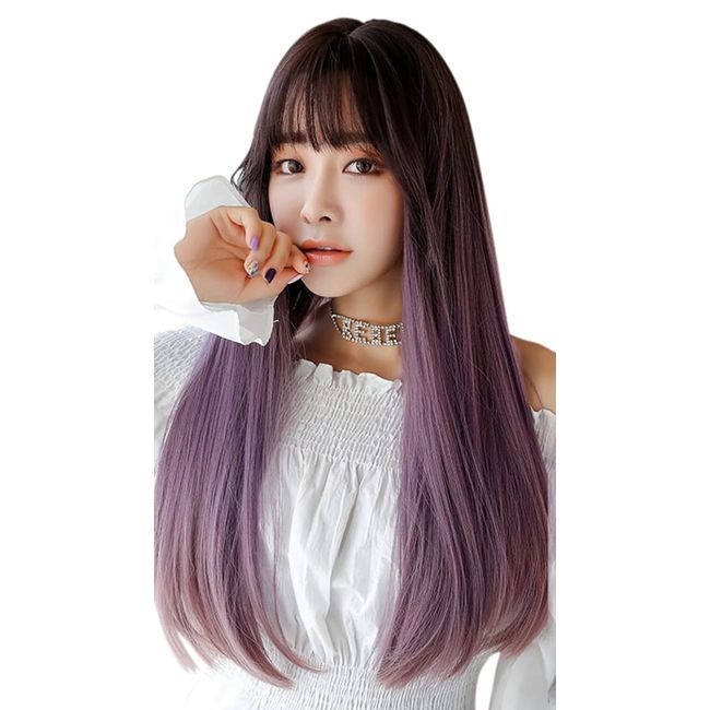 Madrugada S773 Long, Straight, Long Wig, Natural, Fuzzy Processing, Wig, Cosplay, Photography, Harajuku Style, Lolita, Small Face, Heat Resistant, Wig, Comb, Net Included, 3-Piece Set, Brown x Purple Grade)