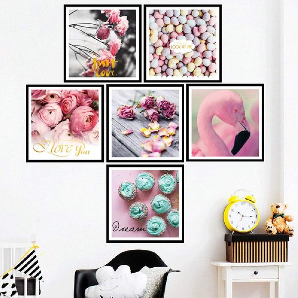 Fujitoya Wall Sticker Pink Flower Plant Cupcake Dessert Bird Flamingo Leaves Roses Spring Potted Plants Stylish Art Scandinavian Interior Poster Sticker Modern Art Wall Decor Wallpaper Wall Decor