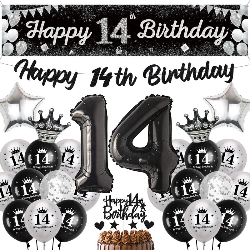 14th Birthday Decorations for Boys Girls - Glitter Black Silver Happy ...