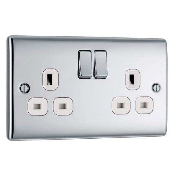 BG Electrical Double Switched Power Plug Wall Socket, Nexus Metal, Polished Chrome, White Inserts,13A, NPC22W