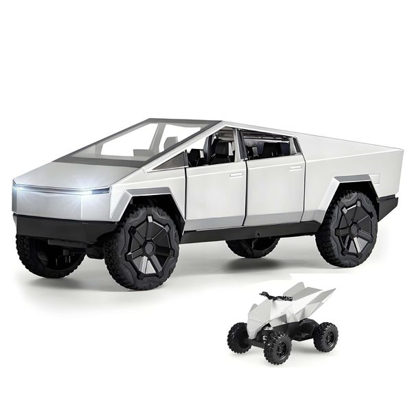 Cybertruck Toy 1/24 Die Casting Cyber Truck with Alloy Motorcycle Diecast Metal Display Model Pickup Truck Toy Race Car with Sound and Light Effct Ideal Gift Age for 6 Year Up (Silver)