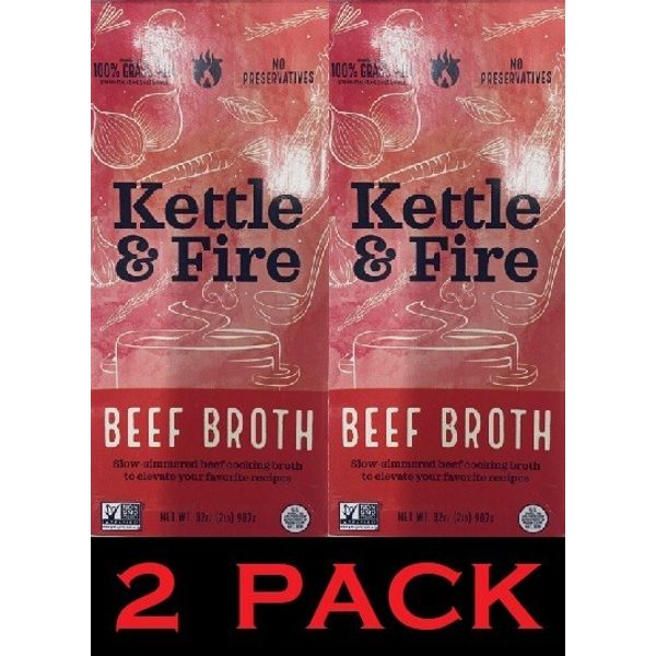 2x Kettle & Fire BEEF BROTH Cooking Broth NON GMO -  32 oz Carton - 2 PACK