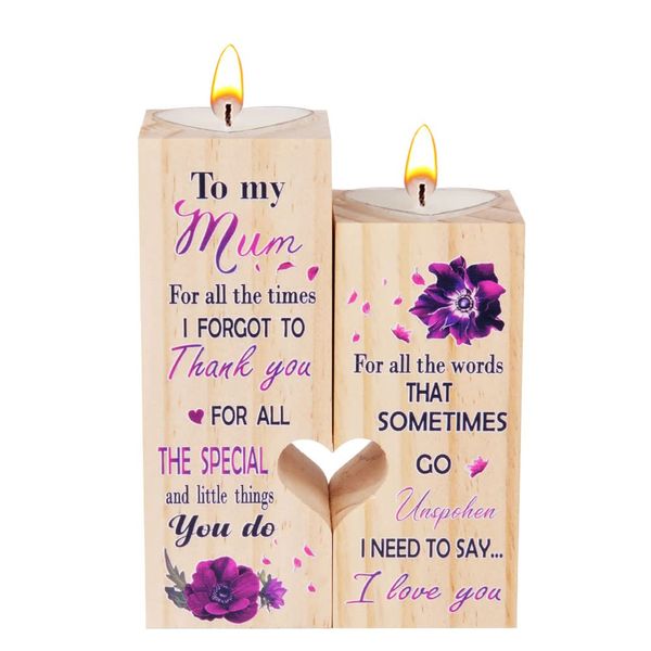 AOMIG Wooden Candle Holders, Personalised Mum Gift Anniversary Birthday Heart-Shaped Candlestick Holders Gift for Mum, Mum Mothers Day Birthday Gifts from Daughter and Son, Unique