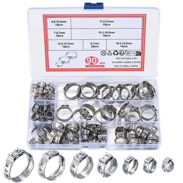 90 Pcs Hose Clamps Set, Stainless Steel Single Ear Stepless Hose Clamps, Adjustable 6-21mm Hose Tube Pipe Clamps for Pool, Water Pipe, Automotive Tubing, Cooler Air Duct Drive Pipe Hose Clamps