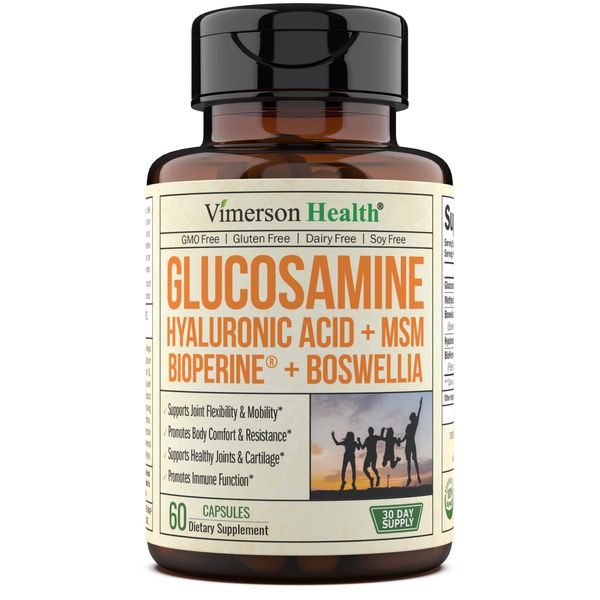 Vimerson Health Glucosamine Sulfate with Hyaluronic Acid, Bioperine, MSM & Boswellia - Occasional Joint Discomfort Relief Supplement. Anti-Oxidant Pills for Back, Knees and Hands