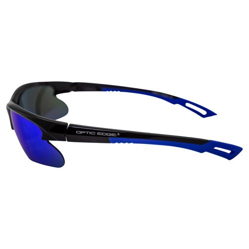 Cliff Weil Optic Edge Fireball Wraparound Sports & Motorcycle Sunglasses for Men or Women Semi-Rimless Gloss Black Frame w/Dielectric Blue Mirror Lens