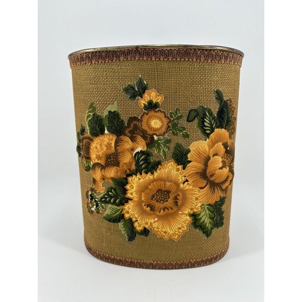 VTG JL Clark 3D Burlap Art Deco Flowers Metal Trash Can Waste Basket Home Decor