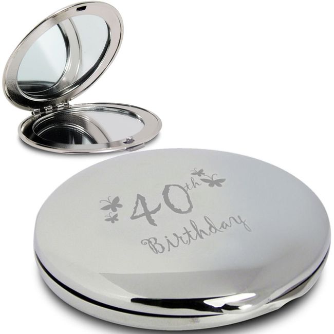 Silver Finish Engraved 40th Birthday Round Compact Mirror with Butterflies Great Idea for Birthday Gift Friends Presents Gifts