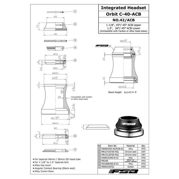 FSA Integrated Headset ORBIT C-40 1-1/8Inches to 1.5Inches Tapered, Black , XTE1519