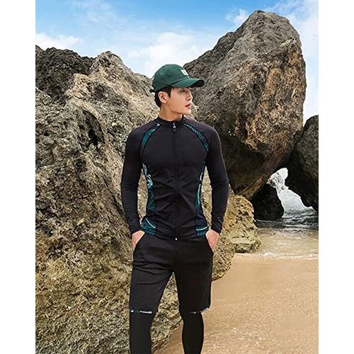 Wechose Men’s Rash Guard 3-Piece Set, Swimwear, Zip-Up, Long Sleeve, Open Front, Surf Pants, Leggings, Swimsuit Trunks, UPF 50+, Beach, Competition, Breathable, Sweat Absorbent, Quick Dry, Amphibious