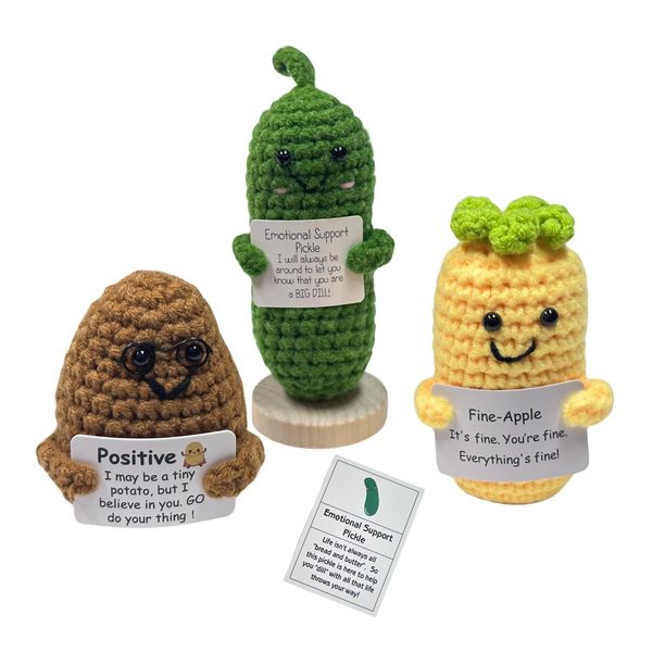 Jpaklpe 3Pcs Positive Potato, 3 inch Mini Funny Knitted Wool Emotional Support Animal with Positive Card,Handmade Crochet Gifts for Cute Room Decor and Good Luck Gifts for Office Desk Decor