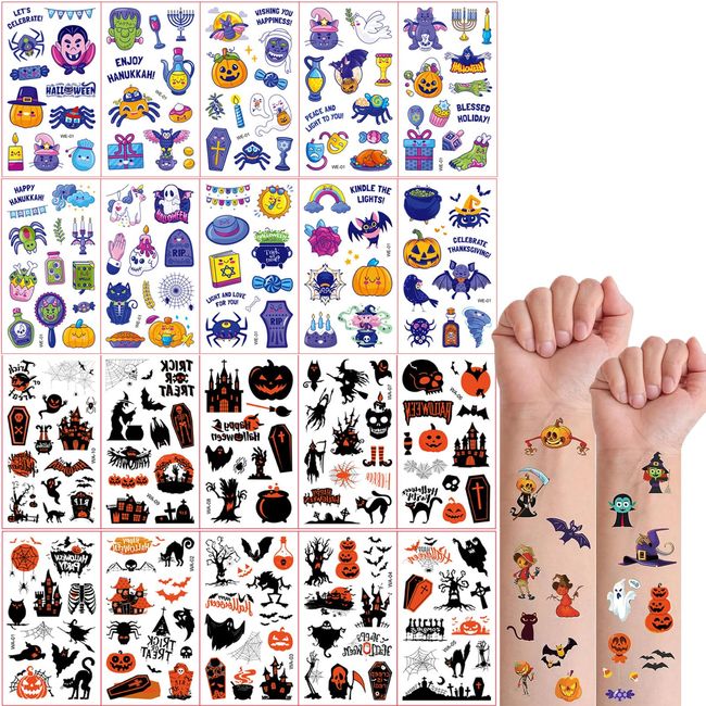 Halloween Temporary Tattoos For Kids 20Sheet Halloween Fake Tattoos Stickers Face Body Sticker Makeup Festival Accessories Props For Cosplay Costume Women Kids Men (LH-WEWA-020)