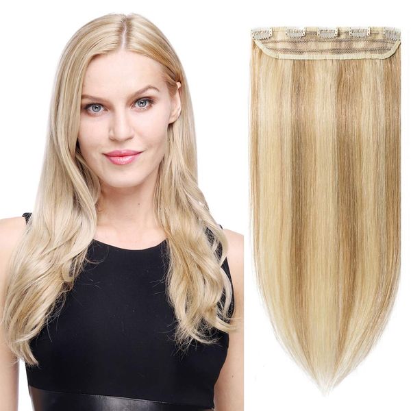 S-noilite Clip in Hair Extensions Human Hair Clip in Human Hair Balayage One Piece/5 Clips/3/4 Full Head Clip in Extensions 100% Remy Human Hair 24 Inch (60cm)-60g #18/613 Ash Blonde/Bleach Blonde