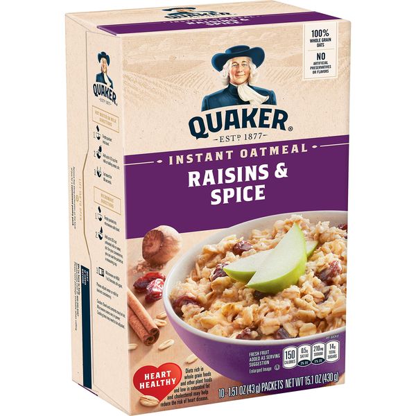 Quaker Instant Oatmeal, Raisin & Spice, Breakfast Cereal, 10 count , 1.51 oz Packets Per Box (Pack of 4)