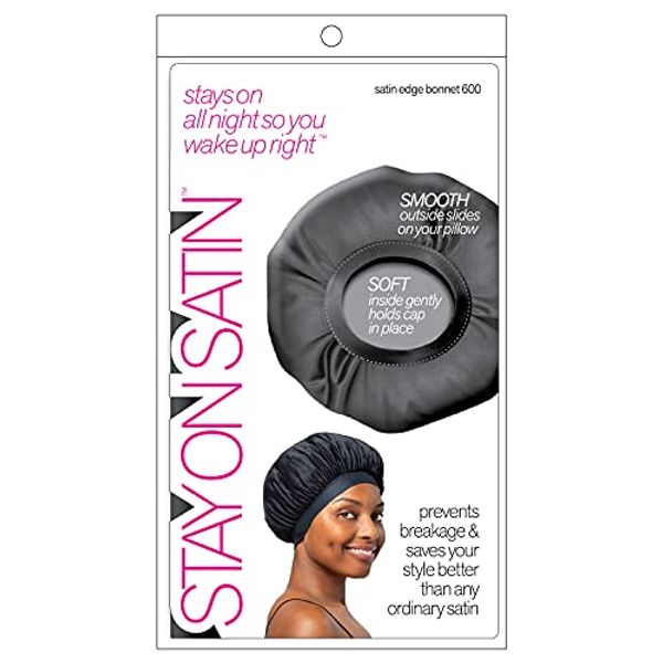 Stay On Satin Edge Bonnet Womens Hair Wrap for Sleeping, Black