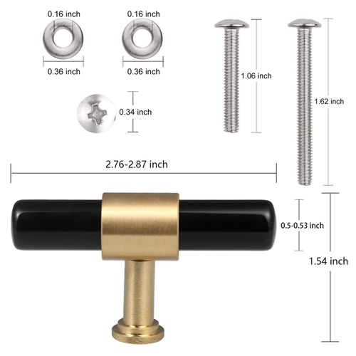 TUMBEELLUWA Set of 2 Crystal Stone T Bar Pull Handles with Screws, Brushed Brass Single Hole Quartz Stick Hardware Cabinet Knobs for Dresser Cupboard Kitchen Decor, Black Obsidian