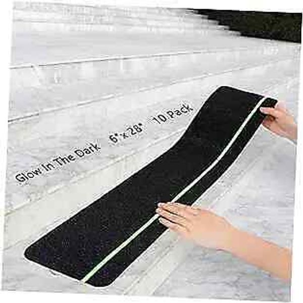 Non Slip Stair Treads with Glow in Dark Stripe (10-Pack), 6" X 28" Black