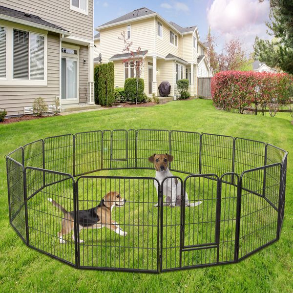 16 Panels 32"H Metal Dog Fence Pet Playpen Exercise Detachable Pen Puppy W/Doors