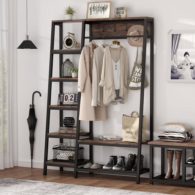 Tribesigns 4-in-1 Entryway Hall Tree with Side Storage Shelves