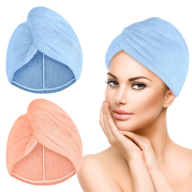 Hair Towel Wrap 2 Packs Microfiber Absorbent Hair Drying Towel Turban for Quick Drying Long Wet Hair (Blue&Pink)