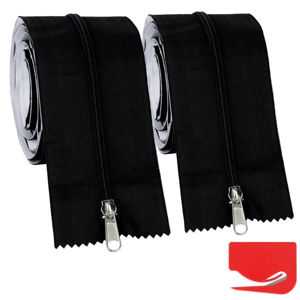 2 Stuck Selbstklebender Reißverschluss, 218x7,6cm, Schwarzes Reißverschluss-Selbstklebe Set für Staubschutztüren, Kunststoff-Staubschutzwände, Gewächshäuser und Bauprojekte mit Brieföffner Folienschne