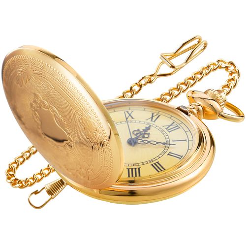 Realpoo Gold Smooth Shield Round Case Quartz Pocket Watch Quartz Movement with Chain-Gold