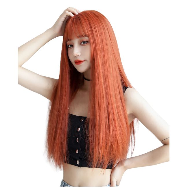 Long Straight Wig, Full Wig, Natural Cosplay, Small Face, Popular, Heat Resistant Wig, Harajuku Style, Fashion, With Net/Comb, Orange