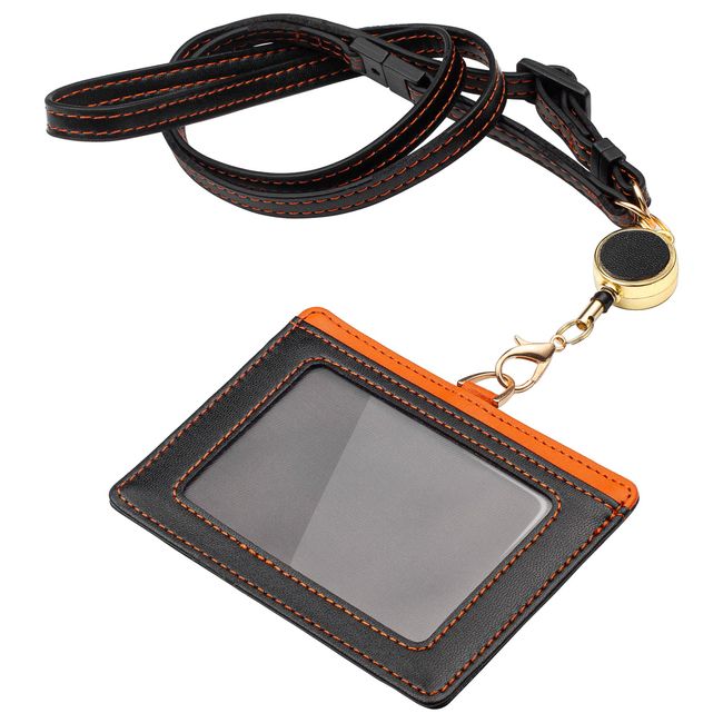 JONGJONG Badge Holder, ID Card Holder, Retractable Reel, Detachable Lanyard, Horizontal, 2-Sided, 2 Slots, Business Card Size, For Commuter Pass, Employee ID, Work/School Commutes, Gift Wrap, Unisex (Black, Orange)