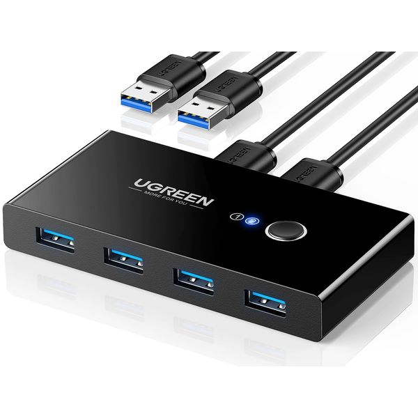 UGREEN USB 3.0 Switch Selector 2 Computers Share 4 USB 3.0 Ports KVM Switcher USB for PC Laptop Keyboard Mouse Printer Scanner One Button Switch Adapter with 2 Pack USB 3.0 Cables