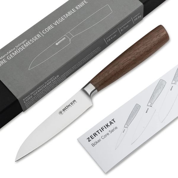 BÖKER Solingen® Core Professional Vegetable Knife Extremely Sharp with Wooden Handle Rustproof - Premium Fruit Knife with Straight Stainless Steel Blade 9 cm in Gift Box, Brown