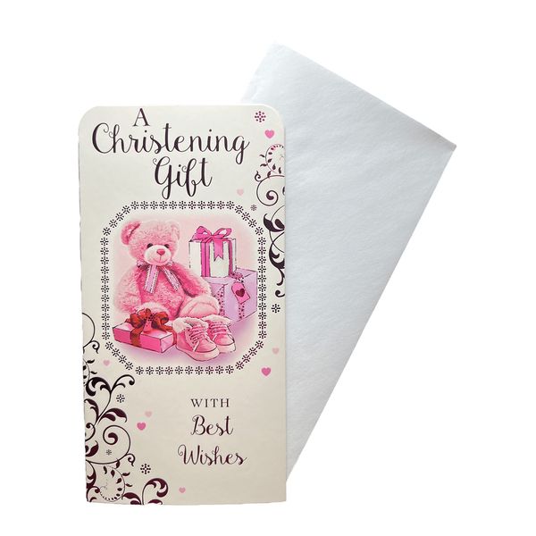 "Express Yourself" Money Wallet Gift Card - A Christening Gift - Includes an Envelope - Pink Teddy Bear and Gifts Design - Blank Inside for 'from' and 'to' Information