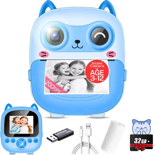 CILSER Kids Camera Instant Print,Halloween Christmas Birthday Gifts for Girls Boys,Mini Toddler Selfie Digital Cameras with Thermal Film Waterproof Paper,Portable Toy 4 5 6 7 8 9 10 Year Old Girl-Blue