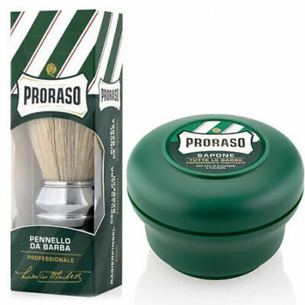 PRORASO Green Shaving Soap Bowl 150ML & Shaving Brush Made in Italy