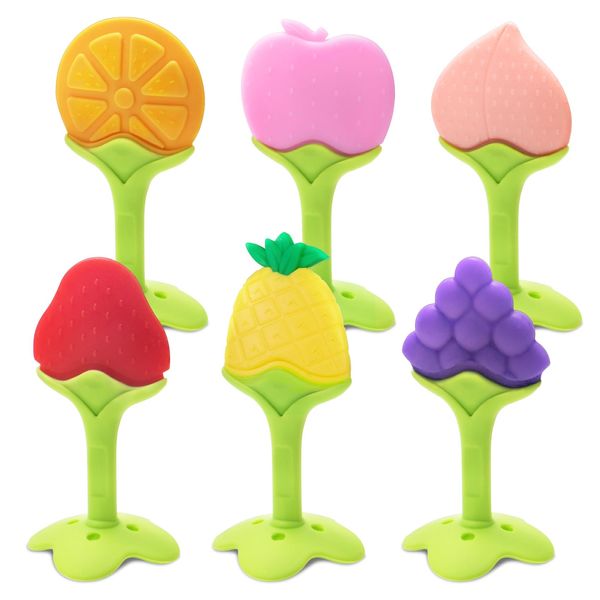 6 Pack Baby Teething Toys for Newborn Infant, BPA Free Freezer Safe Silicone Fruit Baby Teethers Soothe Babies Gums Set for Babies 0-6 Months 6-12 Months