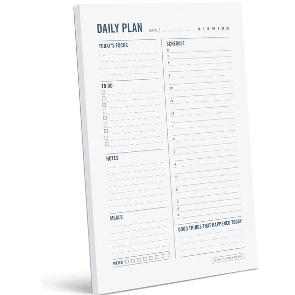 Two Tumbleweeds Daily Planner Notepad - Time Box Planner, Desktop To Do List Planning Pad with Hourly Schedule, College School Supplies - 6 x 9” - 50 Undated Sheets