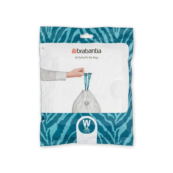 Brabantia PerfectFit Trash Bags (Size W/1.3 Gal) Thick Plastic Trash Can Liners with Drawstring Handles (40 Bags)