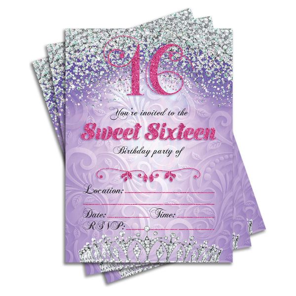 JT Studios Sweet 16 Sixteen Birthday Party Double Sided Purple Invitations, Set of 25 5x7 Girl's 16th Birthday Invitations includes Envelopes