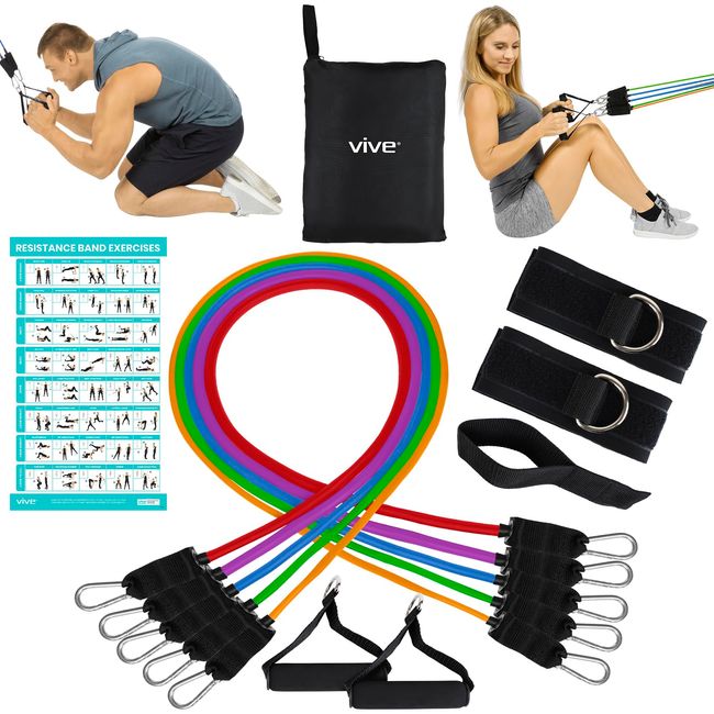 Vive Resistance Bands with Handles (12 Pcs) - Tube Rehab Band Set - Shoulder Pulley Door Anchor - 2 to 70 LBs Tension - Home Workout Elastic Fitness Equipment - Men, Women Training Therapy Multi