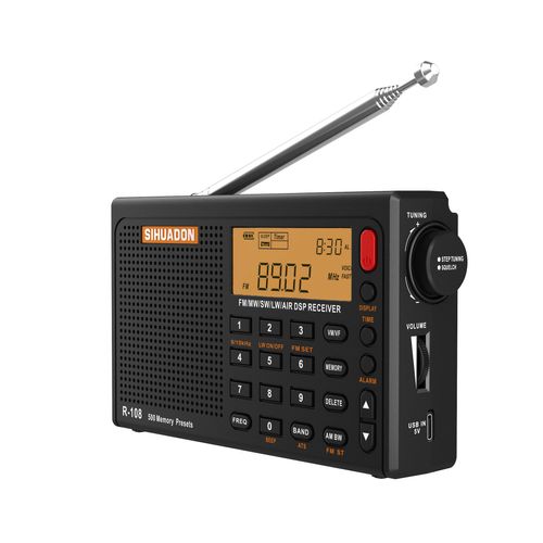 SIHUADON R108 Portable Radio AM FM SW LW Airband Full Band DSP Radio Battery Operated with Headphone Antenna Jack Sleep Time and Alarm Clock 500 Memory Preset for Parents by RADIWOW (Black)