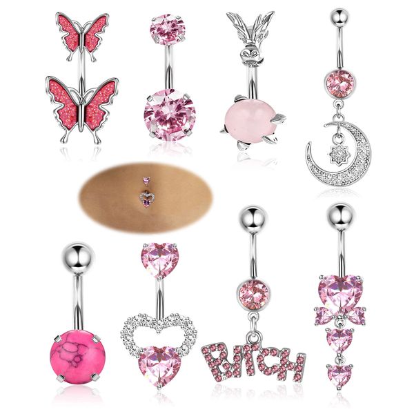 Florideco 14G Belly Button Ring for Women Surgical Steel Belly Barbell Piercing Jewelry Cute CZ Heart Butterfly Belly Ring Navel Rings Pack Pink