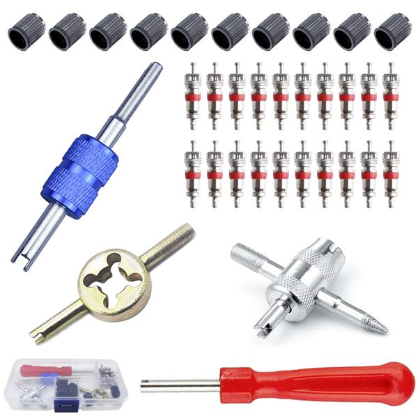 QISF Car Tyre Valve Removal Tool Set | Tyre Valve Repair Kit | Dual & Single Head Valve Core Remover | 4-Way Valve Tool | 10 Pcs Tire Valve Caps | 20Pcs Valve Cores | Fit for Car Bicycle Auto