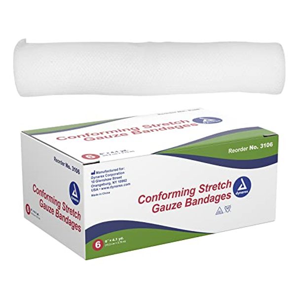 Dynarex Stretch Gauze Bandages, 6" x 4.1 yds, Non-Sterile & Latex-Free, Provides Wound Care in Medical and Home Environments, Individually Rolled, 1 Box of 6 Bandages