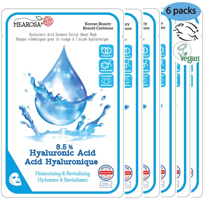 MEAROSA* 8.5% Hyaluronsäure, Niacinamid, Vitamin E Essenz Gesichtsmasken Empfindliche Haut Vegane Formel Feuchtigkeitsspendende & nährende Premium Qualität Natürliche Inhaltsstoffe.[6 Packungen]