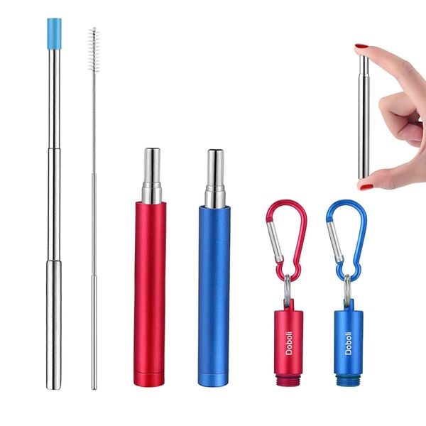 2 Pack Reusable Metal Straws Collapsible Stainless Steel Drinking Straw Portable Telescopic Straw with Case (Red/Blue)