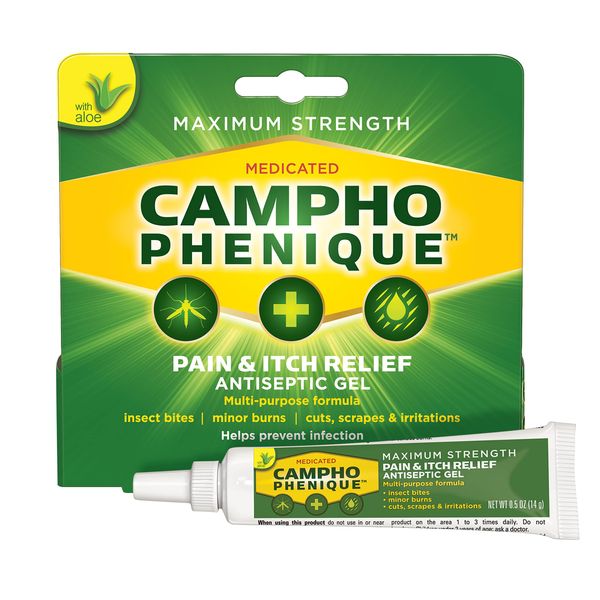 Campho Phenique Maximum Strength Antiseptic Gel, Pain Relief and Anti-Itch Treatment, Instant Relief From Bug Bites, Minor Cuts and Skin Irritations, 0.5 Oz