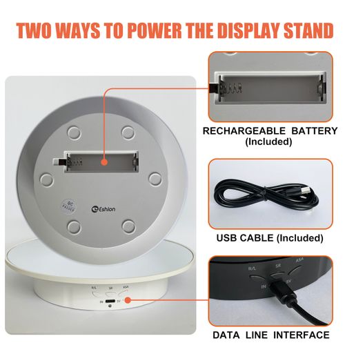 E Eshion Electric Turntable, 360 Degree Adjustable speed Revolving Base for Photography,Jewelry,3D Models,Watch, USB Power Supply,Motorized Turntable/7.8 inches/Load 17 LB (White Mirror)