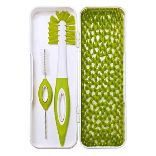 Boon Trip Silicone Travel Bottle Drying Rack - Portable Baby Bottle Drying Rack and Baby Bottle Brush Set - Travel Bottle Cleaner Kit - Baby Travel Essential - Green and White