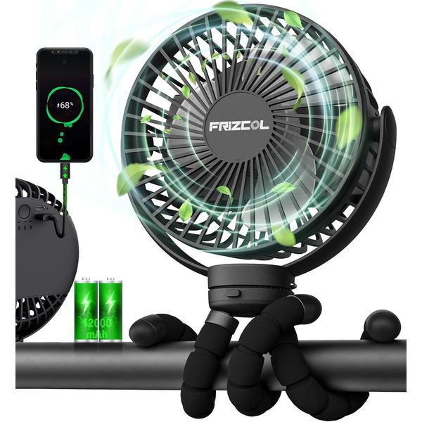 Portable Stroller Fan, Use as Power Bank, 65H 12000Mah Battery Operated Fan Flex